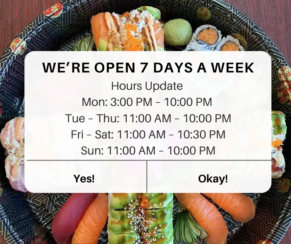 Bamboo Sushi & Hibachi updated business hours: Mon 3PM-10PM, Tue-Thu 11AM-10PM, Fri-Sat 11AM-10:30PM, and Sun 11AM-10PM. Images show salmon rolls, maki, and a salmon poke bowl.